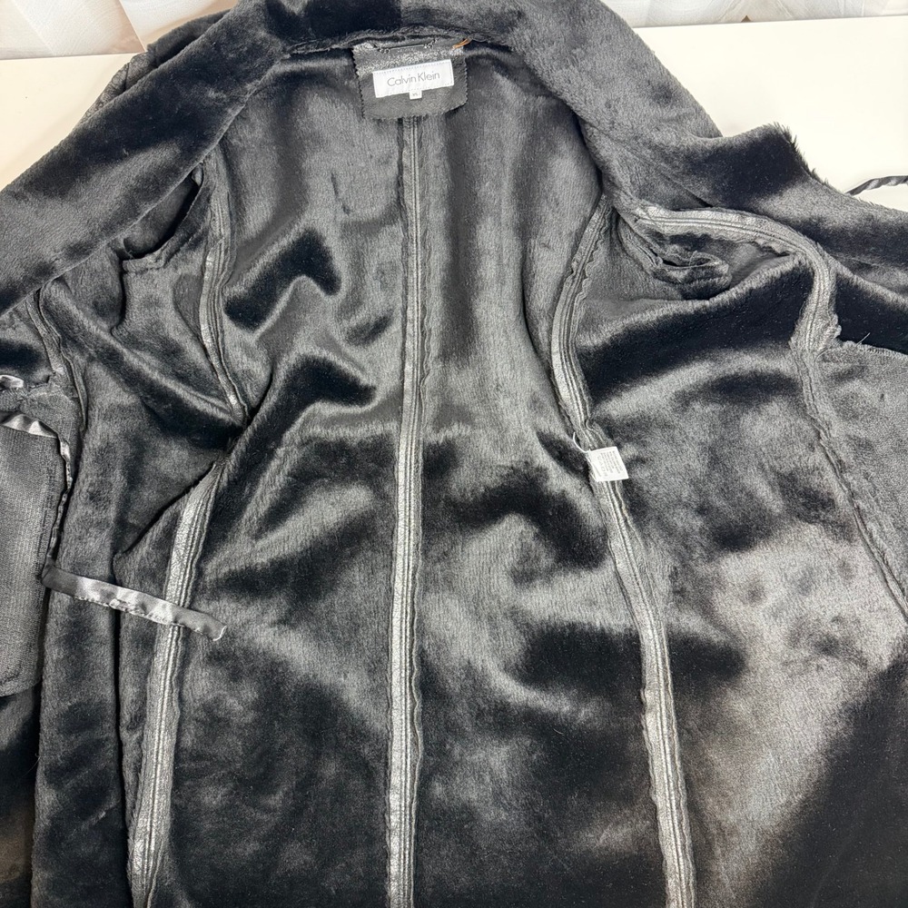 Calvin Klein Faux Suede/Shearling Fur Lined Trench Coat Belted Womens XS Black - Picture 8 of 12